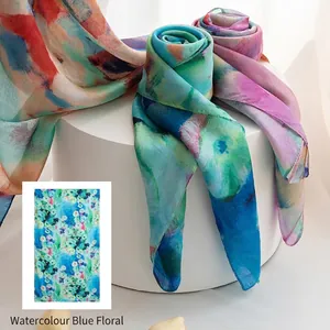 Vintage oil painting style mulberry silk scarf with watercolor blue floral pattern
