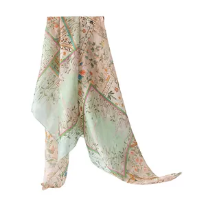 Elegant floral mulberry silk long scarf for women with light green and peach botanical print