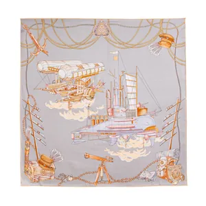 Elegant silk square scarf featuring a vintage steampunk flying ship motif in lavender.