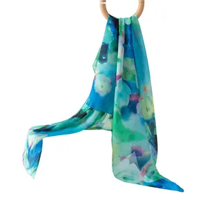 Elegant vintage oil painting style 100% pure silk scarf with vibrant blue floral print