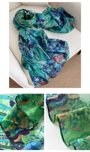 Close-up detail of luxurious silk scarf with blue and green iris floral print