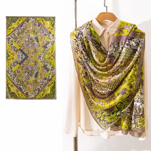 Detailed view of a yellow and purple floral mulberry silk scarf draped on a white shirt.