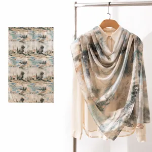 Mulberry silk scarf with elegant landscape oil painting print detail on a shirt