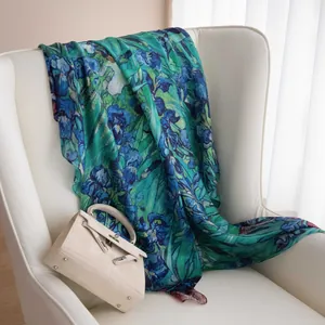 Elegant mulberry silk long scarf featuring vibrant blue and green iris floral print