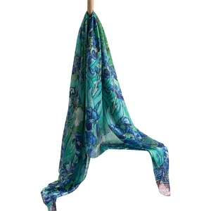 Elegant mulberry silk scarf featuring artistic blue-green iris floral prints for summer