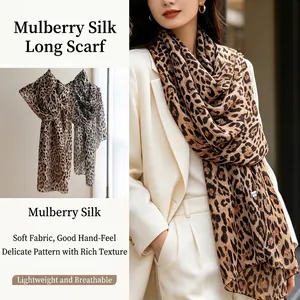 Women's Mulberry Silk Leopard Print Long Scarf Fashion Lightweight Breathable Gauze Scarf Travel Shawl Retro Accessories