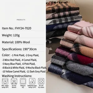 Women's 100% Wool Plaid Scarf Autumn Winter Warm Thickened Printed Checkered Shawl With Tassels Classic Fashion Wrap Scarf