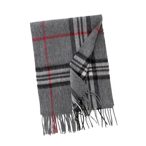 Classic grey wool plaid scarf with vibrant red stripes and decorative fringe detail