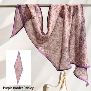 Eleganter schmaler Seiden-Wollschal mit lila Rand und feinem Paisley-Blumenmuster