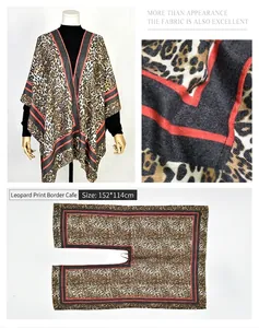 Stylish leopard print open front shawl with red border detail, 152x114cm large size
