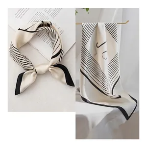 Elegant black and white striped mulberry silk square scarf with geometric print design