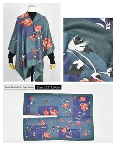 Detailed composite view of a dark green floral imitation cashmere slit shawl and poncho