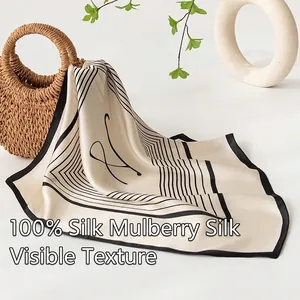 Elegant 100% mulberry silk square scarf with chic geometric lines and abstract print