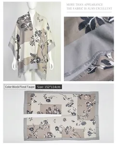 Close-up details and full layout of floral print cashmere-like split poncho wrap