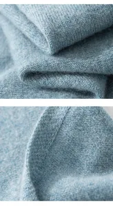 Close-up detail of soft blue cashmere knitted fabric showing fine texture and fiber.