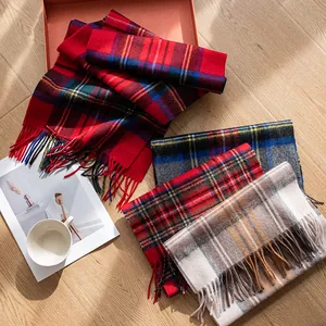 Bufanda de Pura Lana de Cuadros para Mujer Hombre Invierno Cálida Estilo Británico Chal de Cuadros Con Flecos Cuello Largo