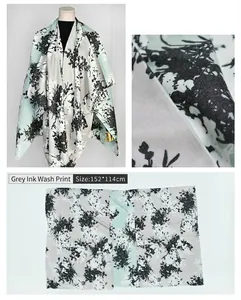 Detail view of grey ink wash floral shawl showing fabric texture and 152x114cm size