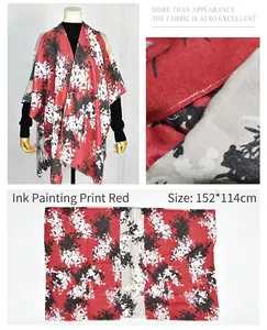 Detailed view of red floral print shawl with fabric texture and size dimensions
