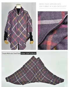 Detail view of purple plaid imitation cashmere shawl with zipper closure and dimensions