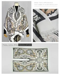 Detailed view of elegant paisley faux cashmere split poncho shawl with fringe edge