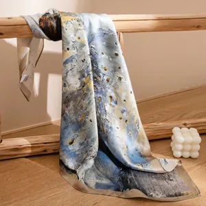 Elegant mulberry silk scarf with abstract artistic oil painting style print for women.