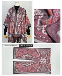 Detailed multi-angle view of wine red paisley print split shawl poncho and fabric