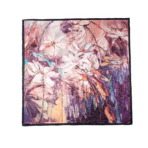 Elegant mulberry silk scarf with artistic floral oil painting pattern for women