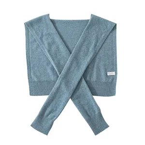 Soft blue cashmere knitted shawl wrap for women, multi-functional neck protector scarf