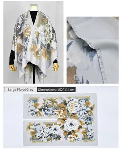 Elegant floral print split poncho shawl with grey floral pattern, 152x114cm size detail.