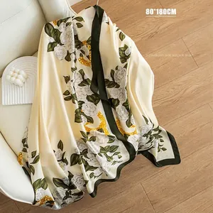 Elegant Women Imitation Silk Scarf Floral Printed Large Shawl Sunscreen Fashion Neck Wrap Lightweight Satin Beach Wrap For Daily Use