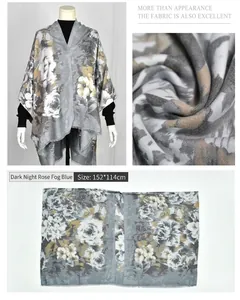 Floral print faux cashmere open front poncho shawl with rose pattern, 152x114cm detail