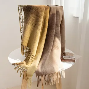 Pure Wollschal mit Farbblockmuster für Damen Winter Warm Fransen Schal Warp Knitted Maillard Stil Elegant Fashion Lång Schal
