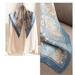 Elegant floral print 70cm square silk-like scarf for women, soft blue neckerchief.