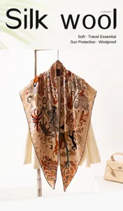 Close-up of luxury silk wool triangle scarf with intricate animal and botanical prints