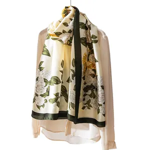 Elegant floral silk-like scarf shawl for women with green border and rose print