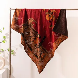 Luxury mulberry silk scarf with traditional Chinese persimmon and bird jacquard pattern