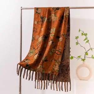 Double-sided mulberry silk scarf shawl featuring vintage floral jacquard and elegant tassels