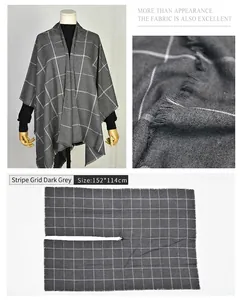 Detailed view of gray checkered split shawl poncho with fabric texture and size info
