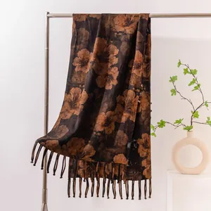 Elegant mulberry silk shawl with floral jacquard pattern in retro Chinese style.
