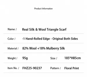 Product specification detail table showing material composition of silk and wool scarf.