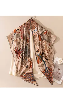Detailed view of silk wool triangle scarf with exquisite animal and botanical illustrations