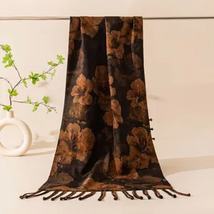 Scialle in Seta di Gelso Lungo Sciarpa in Seta Xiangyun per Donna Vintage Stile Cinese Stampata Sciarpa Floreale Con Nappina Bottone