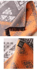 Detail of 100% mulberry silk brushed scarf with geometric pattern and black fringe
