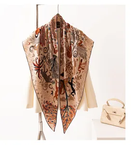 Luxury silk wool triangle shawl featuring intricate jungle animal print in warm earth tone colors