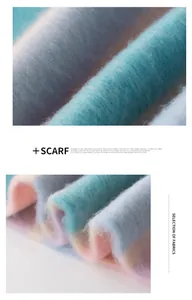 Macro detail of soft mohair scarf with vibrant rainbow gradient and fuzzy texture