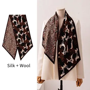 Mulberry Silk Wool Blend Double Sided Leopard Print Scarf Long Angled Neckerchief For Women Fashion Commute Paisley Twilly Scarf
