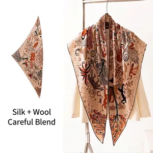 Luxury Silk Wool Triangle Scarf For Women Vintage Illustration Printed Shawl Elegant Pashmina Scarf For Air Conditioned Room
