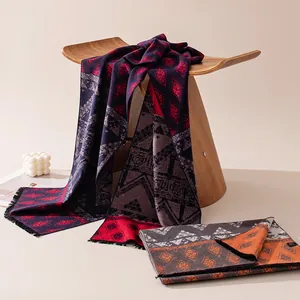 Elegant silk brushed long scarf with vintage geometric pattern and fine fringe edges