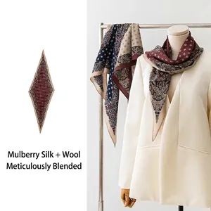 Vintage Luxury Mulberry Silk Wool Blend Scarf For Women Paisley Floral Print Rhombus Shawl Elegant Commuter Pashmina Scarf