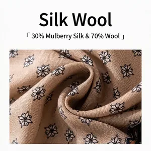 Retro luxury mulberry silk and wool blend scarf with elegant floral pattern texture
